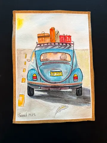 Original Watercolor Painting of Vintage Blue Beetle with Luggage