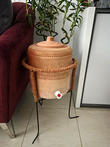 Traditional Terracotta Water Jug on Metal Stand - Decorative Pottery