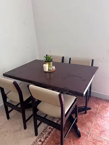 Wooden dining table with 4 chairs - dark finish, good condition