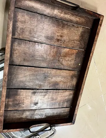 Large Rustic Wooden Serving Tray with Metal Handles