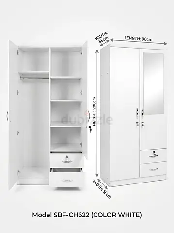 White 2-Door Wardrobe with Drawers & Mirror - Height 200cm