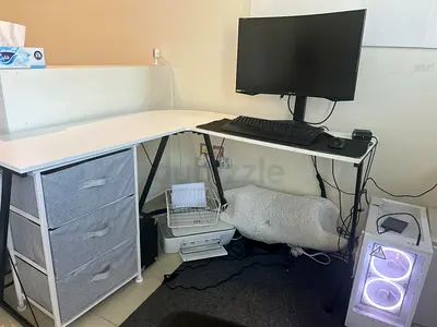 L-shaped White Computer Desk with Fabric Drawers — Good Condition