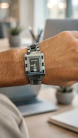 Men's rectangular stainless steel wristwatch with black dial