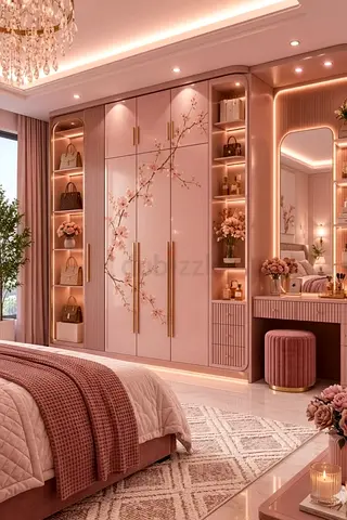 Custom floral built-in wardrobe with side display shelves