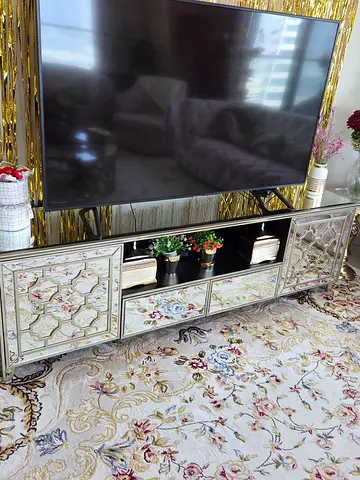 Mirrored Ornate TV Cabinet / Entertainment Unit - Elegant Floral Design