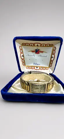 Vintage 1939 Bulova Rectangular Gold-Filled Watch with Original Box & Bracelet