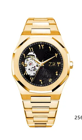 Brand New Luxury Gold Automatic Skeleton Watch – Black & Gold Dial with Premium Gift Box