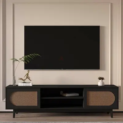 Black TV Stand/Entertainment Unit with Rattan Doors