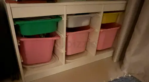 White Storage Cabinet with Removable Plastic Bins - Good Condition