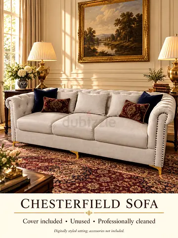 Light Beige Chesterfield 3-Seater Sofa - Like New, Professionally Cleaned