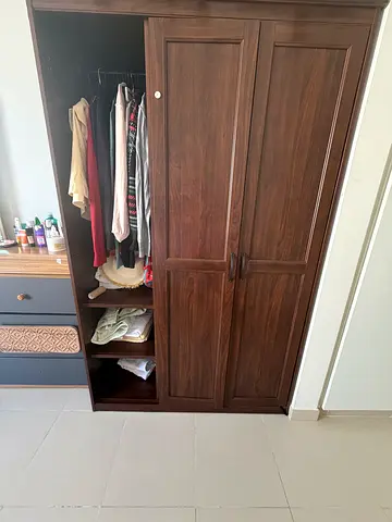 Dark wood wardrobe with open shelves - good condition