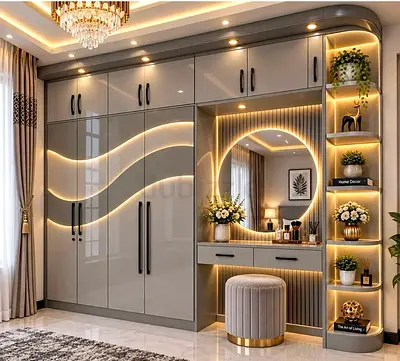 Modern glossy built-in wardrobe with vanity and LED lighting