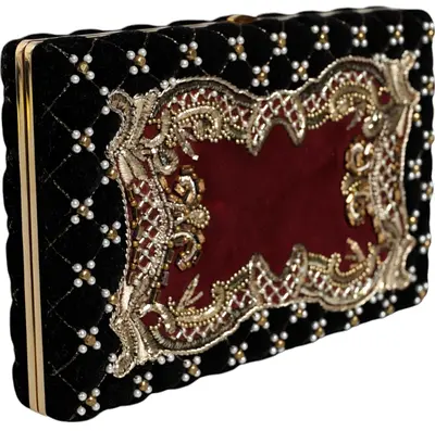 Gold metal frame clutch with black leather interior - evening bag/wallet