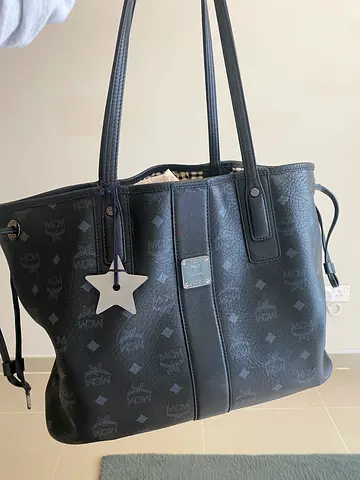 Black MCM Coated Canvas Shoulder Tote Bag