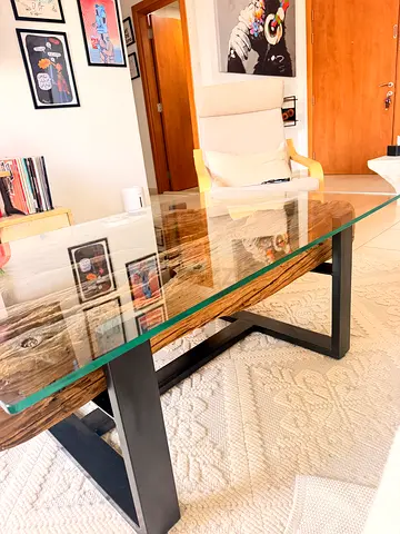 Glass Top Dining Table with Wooden Base - Modern Industrial Design
