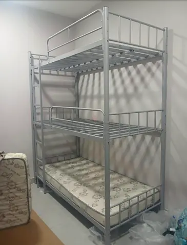 Metal Triple Bunk Bed Frame With Mattresses - Silver