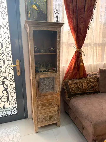 Tall Rustic Wooden Display Cabinet with Carved Door - Narrow Shelving