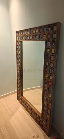 Large Decorative Wooden Floor Mirror with Colorful Inlaid Frame