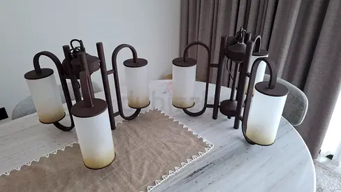 Elegant pair of modern brown metal pendant light fixtures with frosted glass shades