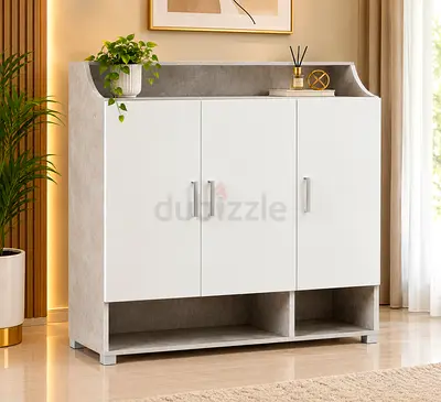 Modern 3-Door Storage Cabinet with Open Shelves - White & Grey