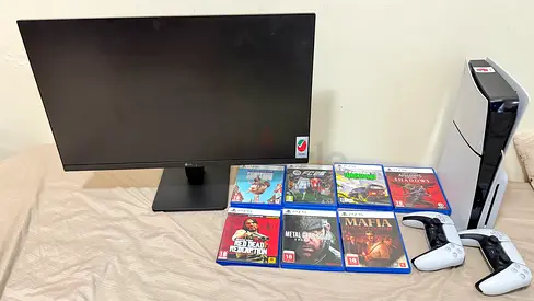 PS5 Console with 2 Controllers, Monitor and 8 Games - Good Condition