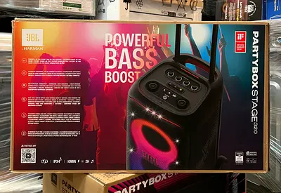 New JBL Speaker PartyBox Stage 320 Powerful JBL Pro Sound AI Sound Boost JBLPBSTAGE320UK with Box