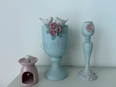 Set of Decorative Ceramic Vases & Oil Burner - Pastel Bird and Rose Design