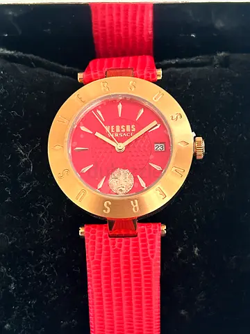 Versus Versace red women's wristwatch with gold-tone bezel and date new