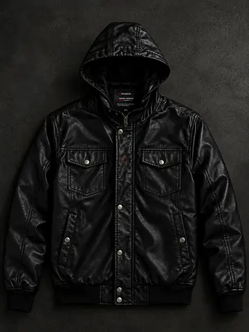 Black Premium-Style Hooded Jacket for Sale – Size 4XL Thick, heavy black leather-look jacket with