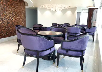 Set of 16 Purple Velvet Dining/Meeting Chairs with 4 Round Table - Good Condition