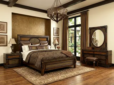 Balkans Luxury Master Bedroom Suite – Rich Dark Wood & Inlaid Panels