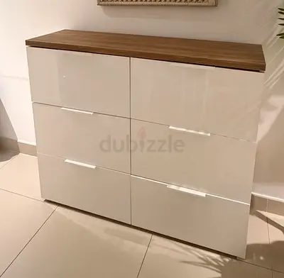 White Gloss 6 Drawer Chest of Drawers, Walnut Wood Top, Dubai Creek Harbour