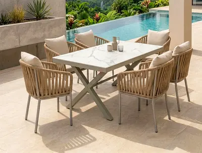 Elegant Outdoor 6-Seater Dining Table with Marble-Effect Top and Woven Chairs