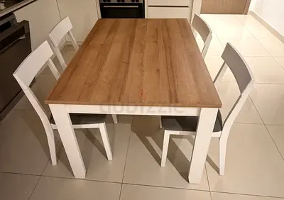 4 Seater Dining Table Set, Oak Wood Look Top, White Legs, 4 Chairs, Dubai Creek Harbour