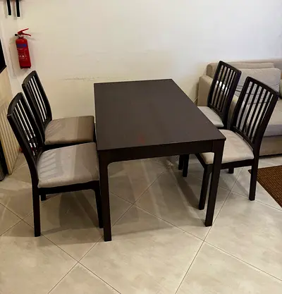 IKEA Dark Brown Wood Dining Table 120x80 cm expandable to 160x80cm. Sold with 4 Chairs