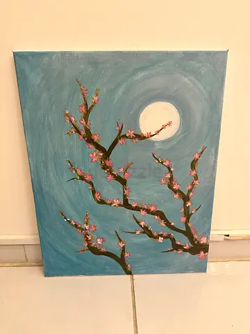 Original Acrylic Painting of Blossoming Branch under Moonlight (Canvas)