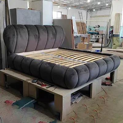 Dark grey velvet queen bed frame with tufted rounded headboard (assembled)