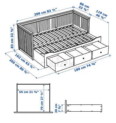 IKEA daybed frame with 3 under-bed drawers (solid wood)