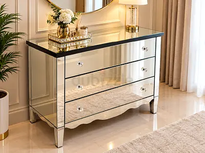 Mirrored 3-Drawer Dresser / Chest — Elegant Crystal Knobs