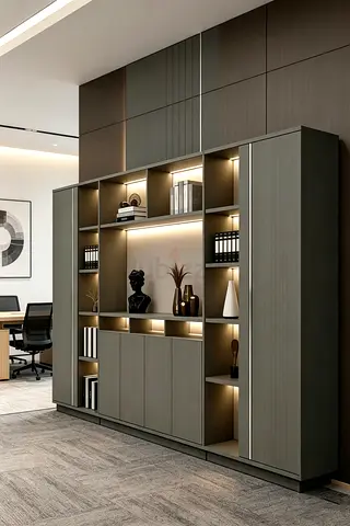Modern built-in office storage cabinet with open shelving and LED lights