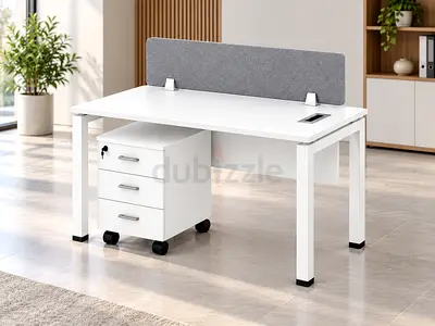 White Office Workstation 140cm – Single Person Office Desk with Drawers & Privacy Screen