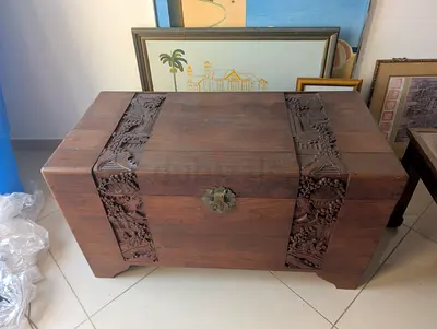 Carved camphor wood chest, made in Malaysia, 1970s
