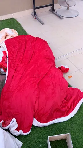 Red plush fleece blanket with white trim – used, good condition