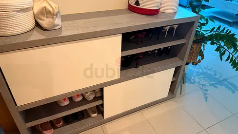 Home Center Shoe Storage Cabinet with Sliding Doors — Grey/White