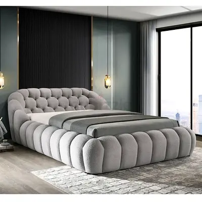 Plush Modern Upholstered King Bed with Curved Tufted Headboard (Grey)