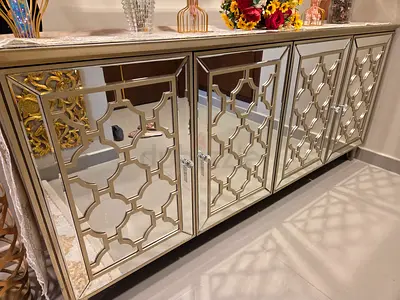 Mirrored Sideboard Cabinet with Geometric Overlay - 4 Doors