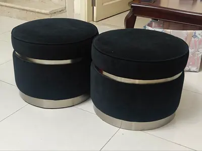 Pair of Black Round Velvet Poufs with Stainless Steel Trim