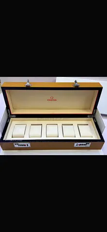 Omega wooden watch storage box - holds 5 watches, branded