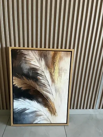 Framed Abstract Feather Wall Art Painting - Gold & Neutral Tones 60X80cm