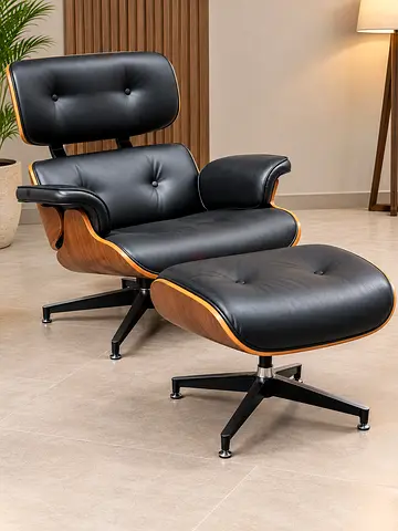 Classic Black Leather Lounge Chair with Ottoman - Mid-century Modern
